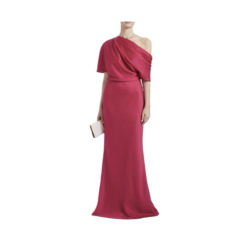 Amsale Magenta Hammered Satin Off-the-Shoulder Maxi Formal Evening Dress Size 4